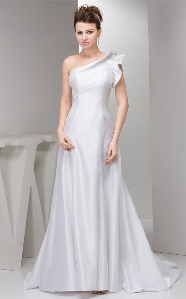 One-Shoulder A-Line Satin Gown With Beaded Epaulet