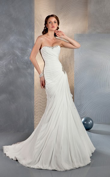 Mermaid Long Sweetheart Sleeveless Corset-Back Chiffon Dress With Beading And Ruching