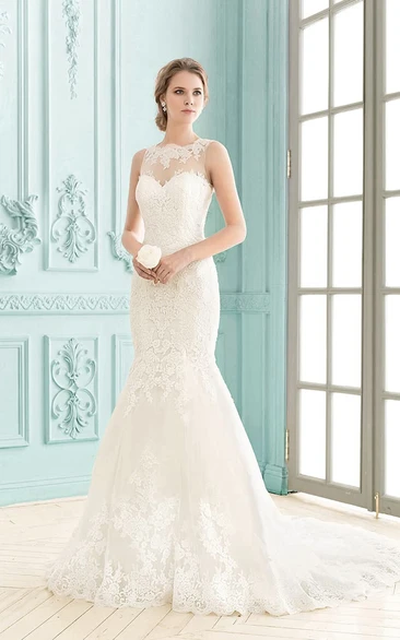 Bateau Sleeveless Floor-length Lace Illusion Back Mermaid Dress