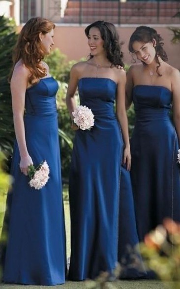 A-line Strapless Ruffles Sleeveless Floor-length Satin Bridesmaid Dresses