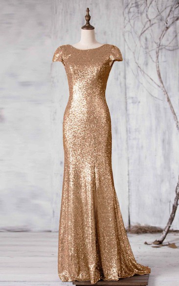 Bateau Cap Sleeve Sequined Mermaid Long Dress With V Back