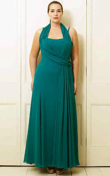 A-Line Pleated Sleeveless Ankle-Length Haltered Chiffon Plus Size Prom Dress