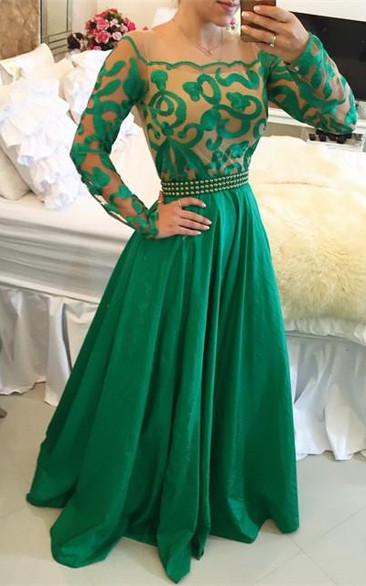 Beautiful Green Long Sleeve Prom Dress A-Line With Pearls