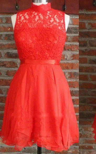 Short High Neck Chiffon&Lace Dress