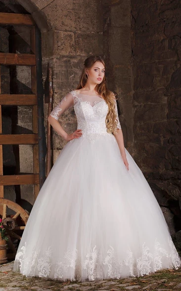 Ball Gown Floor-length Half Sleeve V Back Bateau Appliques Tulle Dres