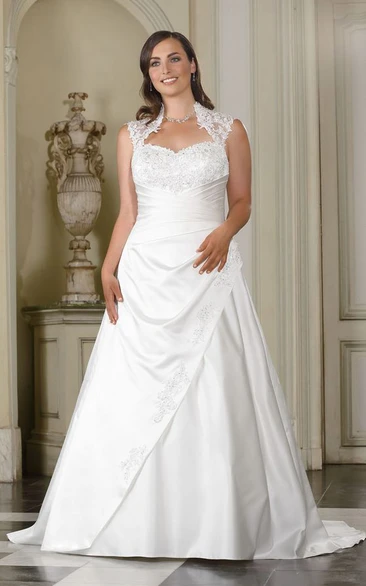 A-Line Floor-Length Queen Anne Sleeveless Satin Sweep Train Appliques Dress