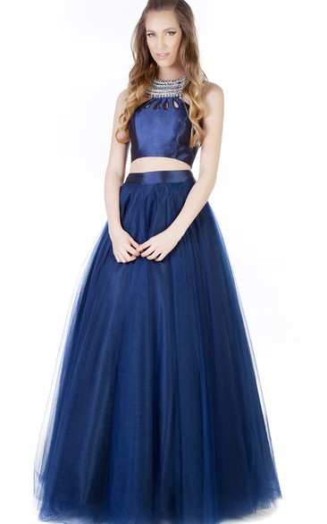 A-Line Long Sleeveless Beaded Tulle Prom Dress With Pleats