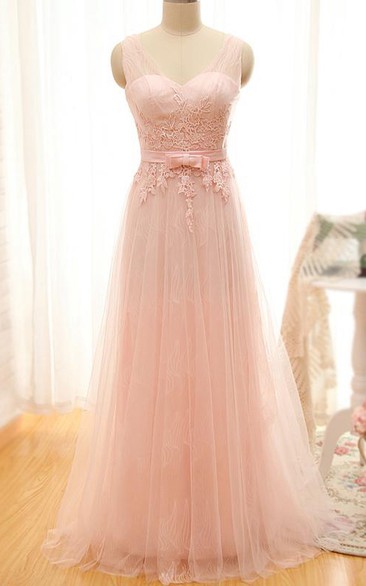 A-line Floor-length Sleeveless V-neck Tulle Dress