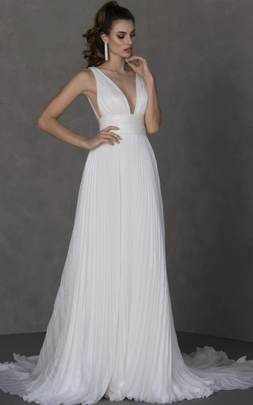 Sexy V-neck A Line Chiffon Floor-length Sleeveless Wedding Dress with Ruching