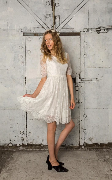 Half Sleeve A-Line Bateau Neck Lace Dress With Asymmetrical Hemline