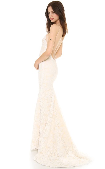 Long Sheath Lace Dress With Deep-V Back Style and Spaghetti Straps