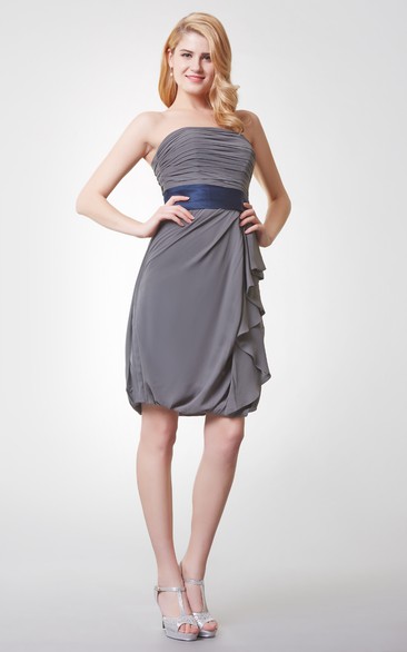 Strapless Ruched Short Chiffon Dress With Satin Sash