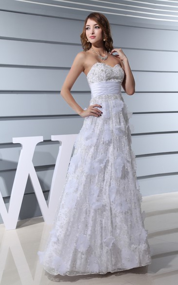 Sweetheart Beaded A-Line Maxi Dress With Flower and Ruched Waist
