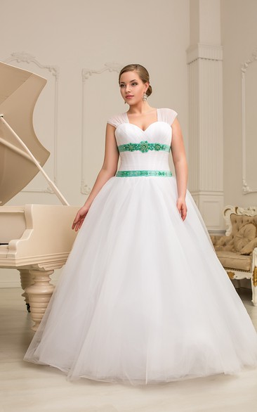 A-Line Floor-Length Sweetheart Cap-Sleeve Corset-Back Organza Dress With Ruching And Beading