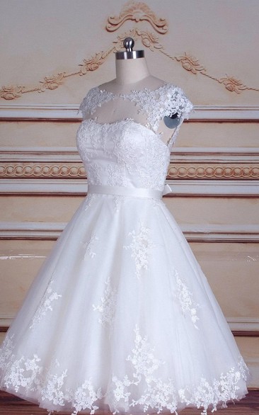 Short Tea-Length Cap Sleeve Tulle Lace Satin Dress With Keyhole Back