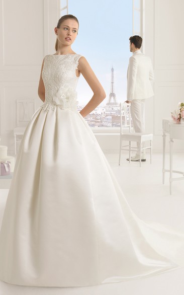 Sleeveless Satin Dress With Illusion Back And Appliques