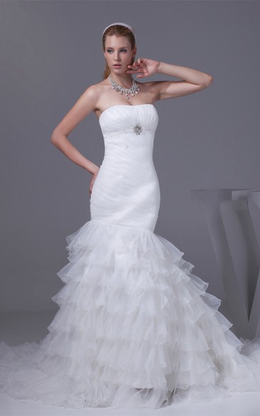 Sleeveless Tulle Tiered Broach and Dress With Ruching