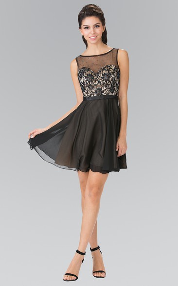 A-Line Short Bateau Sleeveless Deep-V Back Dress With Appliques And Beading