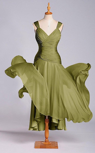 Sleeveless V-neck Tea-length Chiffon Dress