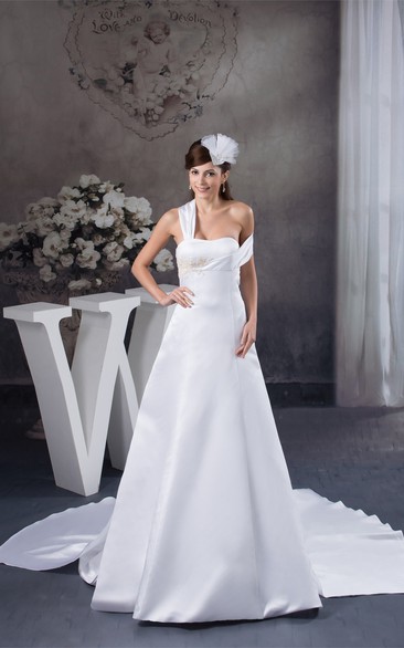 Satin A-Line Single-Strap Court Train and Gown With Appliques