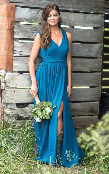 Chiffon V-neck Sleeveless Bridesmaid Dress with Front Slit