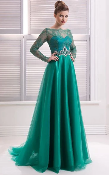 A-Line Floor-Length Sweep High-Neck Long Sleeve Tulle Beading Lace Zipper Dress