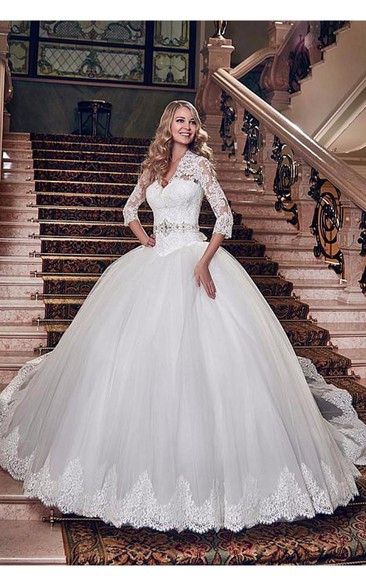 Elegant Tulle Lace Appliques Wedding Dress Ball Gown 3-4-Length Sleeve