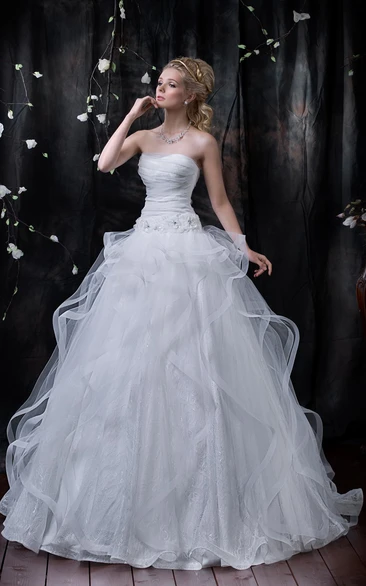 Ball Gown Maxi Strapless Sleeveless Lace-Up Tulle Dress With Ruffles And Flower