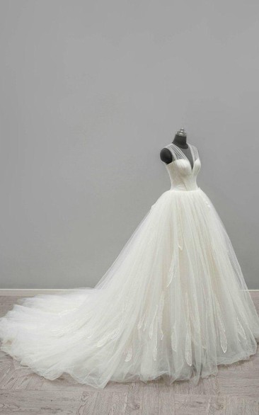 Ball Gown Tea-Length V-Neck Sleeveless Bell Zipper Keyhole Tulle Lace Satin Dress