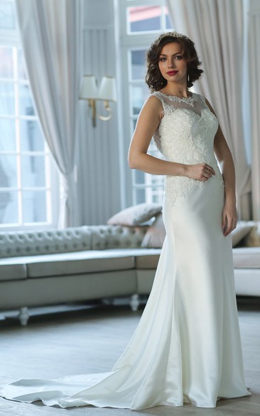 Sheath Floor-Length Scoop Sleeveless Keyhole Satin Dress With Appliques