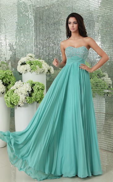 Empire Sweetheart Pleated A-Line Chiffon Gown Has Sequined Bodice