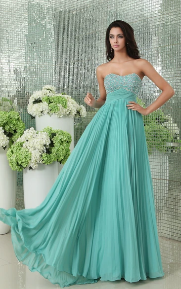 Empire Sweetheart Pleated A-Line Chiffon Gown Has Sequined Bodice