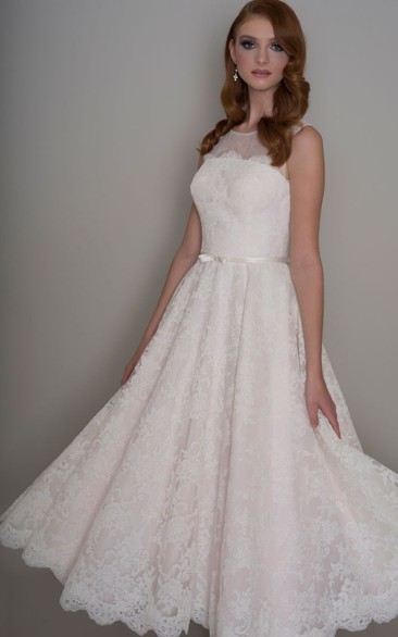 A-Line Appliqued Sleeveless Long Scoop Lace Wedding Dress With Illusion Back