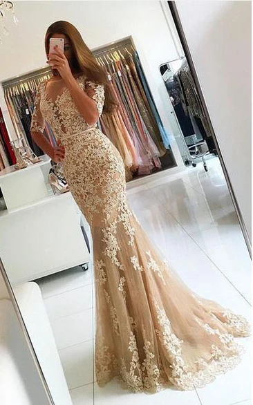 Mermaid Floor-length Half Sleeve Lace Appliques Dress