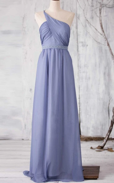 One Shoulder Criss Cross Bodice A-line Chiffon Long Dress With Beading