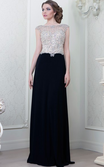 A-Line Beaded Cap-Sleeve Bateau-Neck Floor-Length Jersey Evening Dress