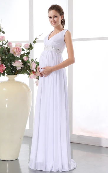 V-Neck Chiffon Maternity Dress With Pleating and Belted Waistband