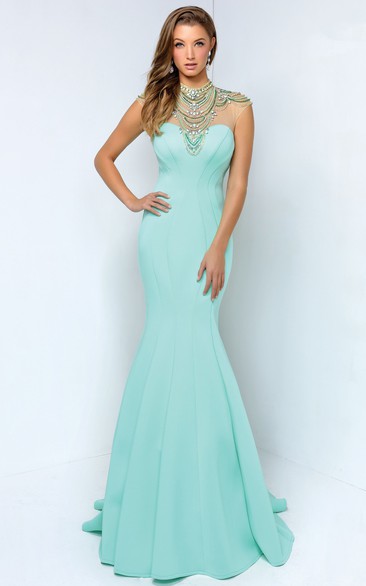 Mermaid Maxi High Neck Sleeveless Jersey Keyhole Dress With Beading