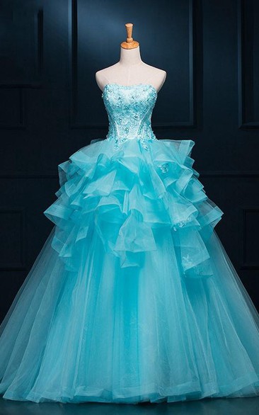 Ball Gown Long Straps Sleeveless Bell Appliques Ruffles Zipper Straps Tulle Sequins Dress