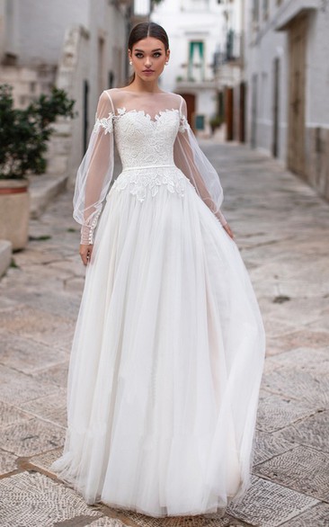 Elegant Bateau Long Sleeve Floor Length Wedding Dress with Applique and Pleats