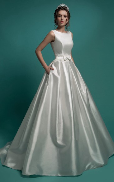 A-Line Floor-Length Jewel-Neck Sleeveless Low-V-Back Satin Dress With Lace Appliques And Bow