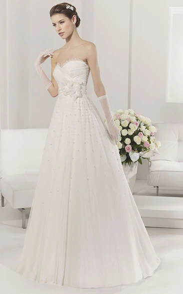 Sweetheart Empire A-line Floor Length Dress With Pearls And Flowers