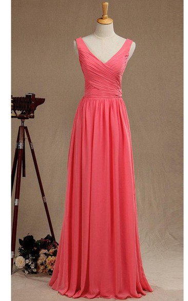 V Neck A-line Pleated Chiffon Floor Length Dress V Back