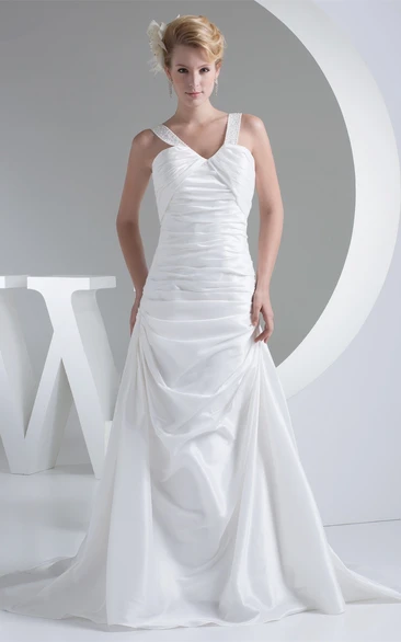 Notched Pick-Up A-Line Sleeveless Gown With Jeweled Straps