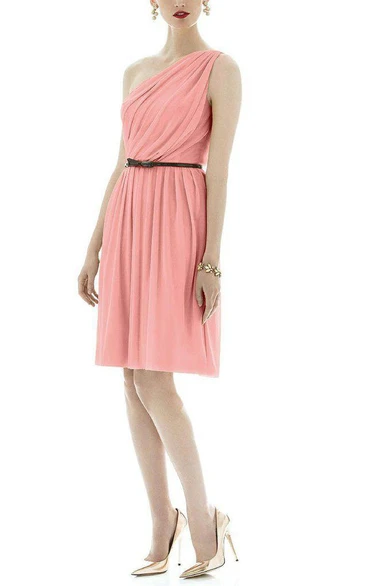 One Shoulder Ruched Short Chiffon Dress with Belt