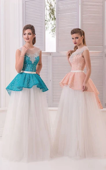 A-Line Floor-Length Jewel Short Sleeve Tulle Beading Lace Zipper Dress