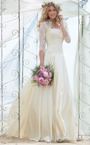 A-Line 3-4-Sleeve Floor-Length Strapless Chiffon Wedding Dress With Lace And Illusion