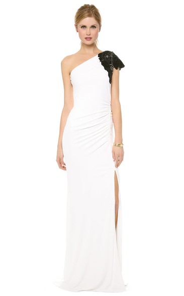 Long One-shoulder Sheath Chiffon Dress With Side-split