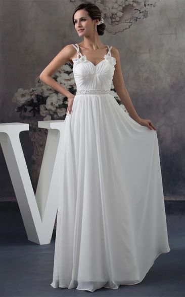 Flowered Sleeveless Ruched Floor Length Chiffon Gown With Crystal Detailing