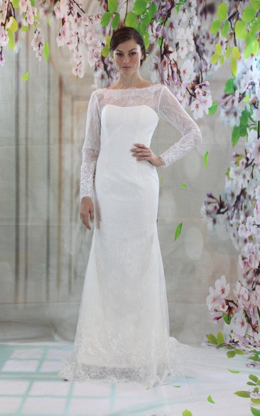 Column Long Sleeve Bateau Neck Lace Dress With Low-V Back